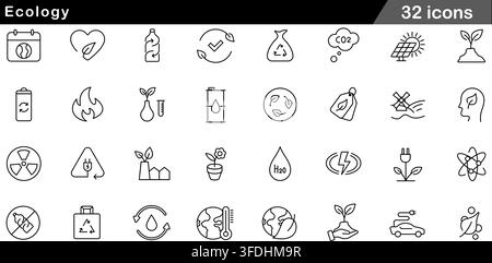 Vector illustration set of 50 ecology icons featuring solar panels, green energy, plant sprout, recycling plastic, electric car, and nature symbols. Stock Vector