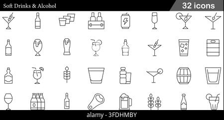 Vector illustration set of 50 soft drinks and alcohol icons featuring cocktail glasses, beer mugs, wine bottles, soda cans, and beverage line symbols. Stock Vector