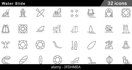 Vector illustration set of 32 water slide icons featuring waterpark slides, lifebuoy rings, surfboard, kayak paddle, and pool attraction symbols. Stock Vector