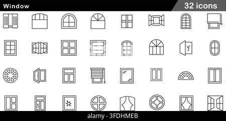Vector illustration set of 32 window icons featuring arched frames, shutter blinds, curtains, open casement windows, and architectural line symbols. Stock Vector