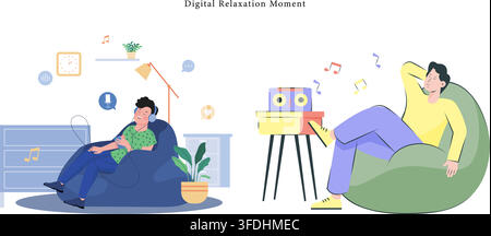 Flat vector illustration of digital relaxation moment showing people listening to music on headphones, smart speaker streaming, and bean bag comfort. Stock Vector
