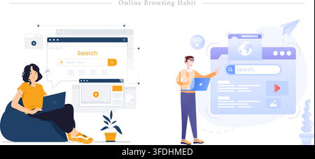 Flat vector illustration of online browsing habit featuring people using laptops, web browser search windows, video streaming, and paper plane icon. Stock Vector