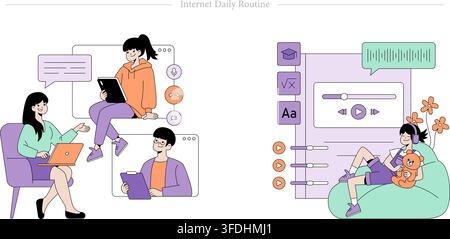 Flat vector illustration of internet daily routine showing video conferencing, online education, audio streaming, and digital learning activities. Stock Vector