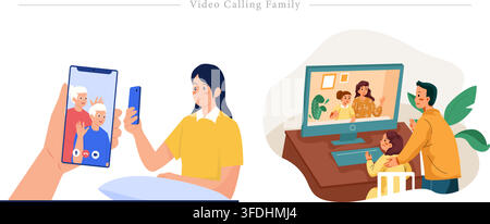 Flat vector illustration of video calling family showing woman chatting with grandparents on smartphone screen and family talking on computer screen. Stock Vector