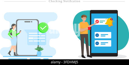 Flat vector illustration of checking notification concept showing people viewing mobile alerts, message checkmark, push bell badge, and smartphone app Stock Vector