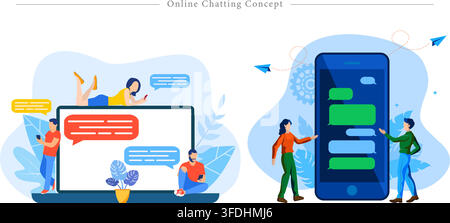 Flat vector illustration of online chatting concept showing people texting, sending messages, and communicating via smartphone app and laptop screens. Stock Vector