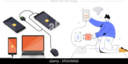 Flat vector illustration of smart device usage featuring smartphone charging, laptop workstation, power bank, wireless connection, and man plugging Stock Vector