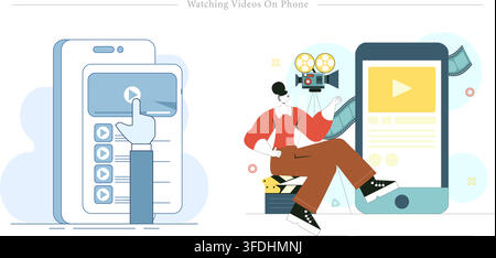 Flat vector illustration of watching videos on phone featuring mobile video player screen, video content streaming, film reel, and camera symbols. Stock Vector