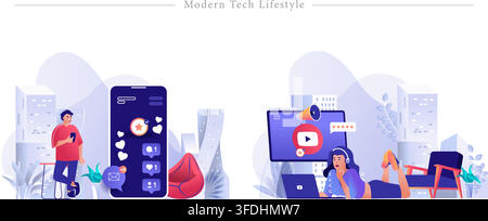 Flat vector illustration of modern tech lifestyle showing people using smartphone social media app, laptop video streaming, and digital networking. Stock Vector
