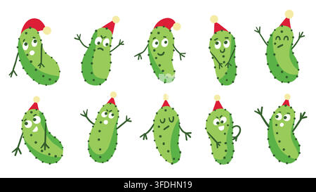 Christmas pickle character collection with ten cute cartoon gherkins wearing red Santa hats with different facial expressions. Concept of holiday clip Stock Vector