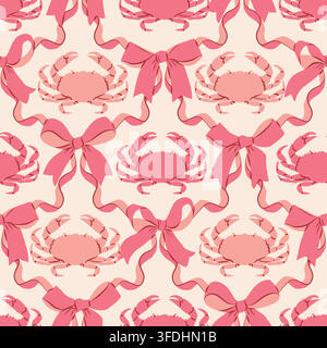 Pink crabs and elegant ribbon bows create a seamless damask pattern on a soft cream background. Concept of coquette aesthetic, marine wallpaper design Stock Vector