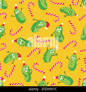 Seamless holiday pattern of cartoon pickles wearing Santa hats scattered among striped candy canes on a bright yellow background. Ideal for festive gi Stock Vector