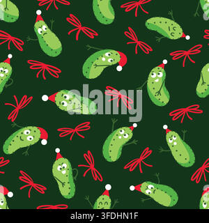 Funny Christmas pickle seamless pattern featuring cartoon gherkin characters in red Santa hats with bows on a dark green background. Concept of holida Stock Vector