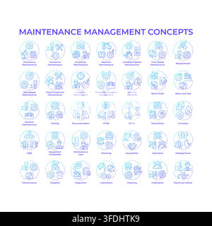 Maintenance management blue gradient concept icons. Strategic industrial upkeep framework. Data driven machine reliability standards. Icon pack. Vecto Stock Vector