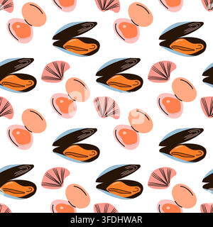 Flat seamless pattern with black mussels, open orange clam shells, and pink scallops isolated on white background for seafood restaurant menu packagin Stock Vector