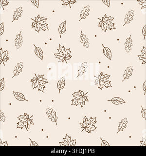 Seamless vector pattern with autumn leaves in beige and brown colors. Hand-drawn background. Outline illustration in neutral tones. Fall pattern Stock Vector