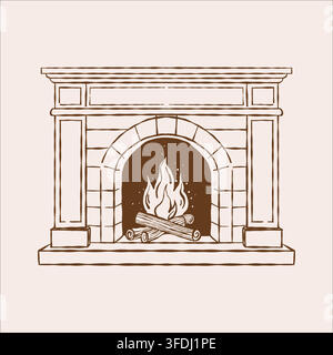A vector sketch depicting a burning fireplace with stone and brick textures. A linear illustration of an antique fireplace for cozy home interiors. Vector illustration Stock Vector
