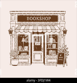 Outline brown retro illustration of a bookstore building. Vector sketch of a bookshop storefront, isolated on a beige background. Clipart of a book kiosk Stock Vector