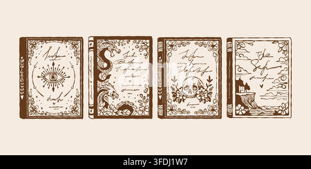 Set of elegant decorative book covers with floral patterns. Collection of classic books. Vector brown outline illustration.  Stock Vector