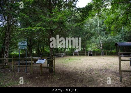 Woodland rest area with benches and barbecue facilities beside the Camino del Norte near Miraz Stock Photo