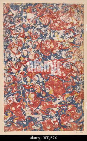Schneckenmarmorpapier, 18th Century. Marbled paper pattern featuring swirling red and blue spiral droplets. Stock Photo