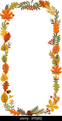 Autumn rectangle frame with rowan berries and oak leaf border surrounding aspen and chestnut foliage. Vector wreath leaves open copy space at center Stock Vector