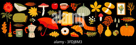 Autumn sticker set with pumpkin, coffee and cozy fall food like croissant, donut and apple pie. Umbrella, boots and knitted scarf sit on black Stock Vector