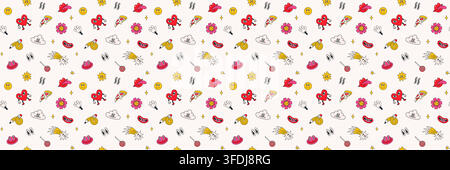 Funky groovy cartoon with hearts, flowers and candy Stock Vector