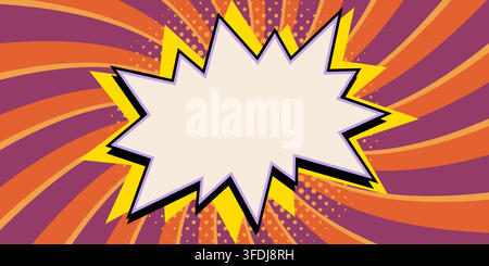 Starburst vector banner with bold retro comic effect. Comic star banner over orange and purple radial background with halftone dots. Perfect for Stock Vector