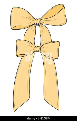 Hand drawn yellow decorative ribbon bow with layered loops and long flowing tails. Bright whimsical illustration Stock Vector