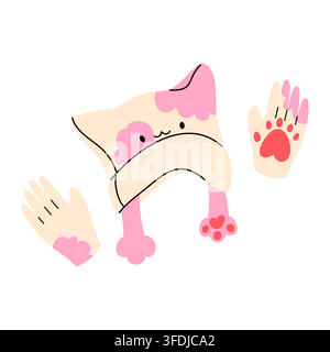 Cute Cat Beanie Hat and Gloves Set Vector Stock Vector
