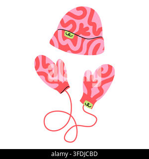 Pink Patterned Beanie Hat and Mittens Vector Stock Vector