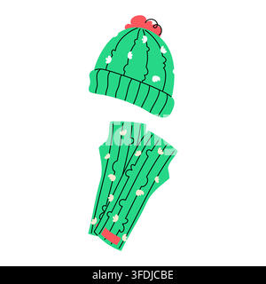 Green Cactus Beanie Hat and Long Gloves Vector Stock Vector