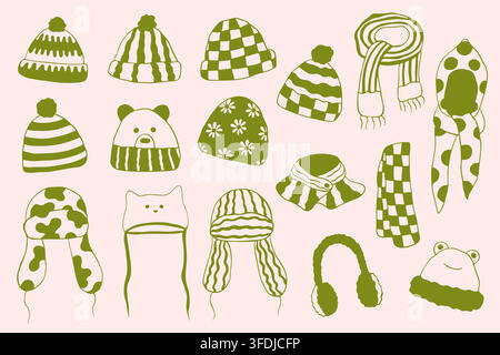 Set of knitted winter hats and scarves with pom pom, earmuffs and scarf. Warm clothes doodle collection for cold season. Christmas concept Stock Vector