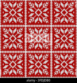 Christmas ugly sweater knitted seamless pattern - white snowflakes in squares on red background. Vector design. Stock Vector