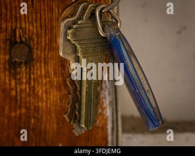 A closeup of a cluster of brass keys hanging on a wooden door with a blue key tag Stock Photo