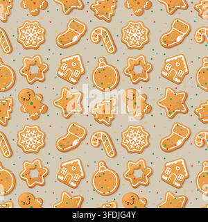 Gingerbread cookies seamless pattern. Cute Christmas background. Vector illustration in cartoon flat style. Stock Vector