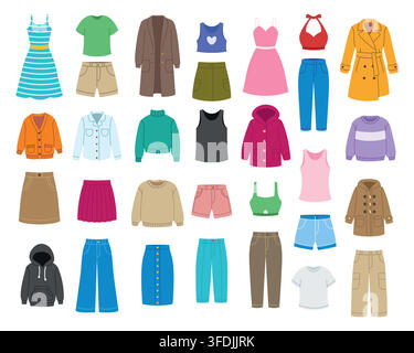 Casual women and men clothes collection set isolated on white background. Flat vector illustration of stylish autumn and summer apparel, dresses, pant Stock Vector