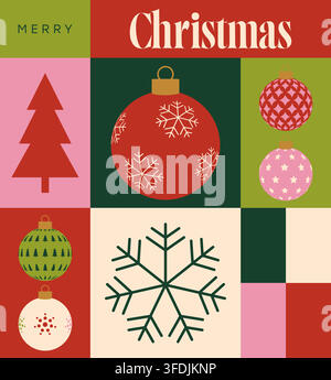 Modern Flat Christmas Ornaments and Geometric Baubles Artfully Arranged in a Festive Holiday Grid Design.. Stock Vector