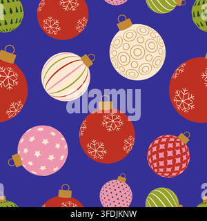 Festive Christmas Ornaments Seamless Pattern with Colorful Baubles for Winter Holiday Season Celebration Background Design. Stock Vector