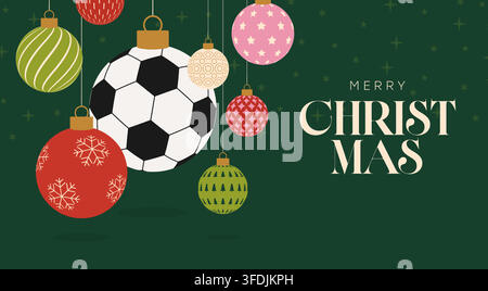 Festive Christmas Ornaments Featuring a Soccer Ball Bauble Hanging Decoratively on a Dark Green Background for Holiday Greetings.. Stock Vector