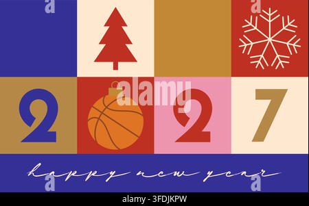 Modern Flat Design Happy New Year 2027 Card with Basketball Ornament and Festive Winter Elements for Cheerful Celebration.. Stock Vector