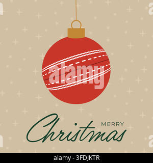 Cricket Ball Christmas Ornament Hanging on Festive Starry Background with Merry Christmas Greeting in Flat Design.. Stock Vector