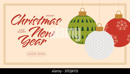 Modern Flat Vector Banner Celebrating Merry Christmas and Happy New Year with Unique Golf Ball Ornament. Stock Vector