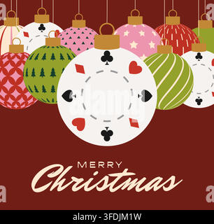 Festive Christmas Ornaments Hanging with Playful Poker Chip Design for Modern Holiday Greeting Card Vector. Stock Vector