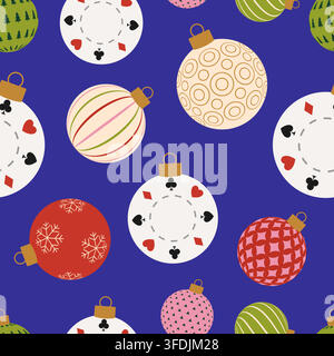 Playful Holiday Baubles Seamless Pattern Featuring Poker Card Suit Symbols and Festive Winter Decorations for a Unique Celebration Mood.. Stock Vector