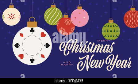 Festive Vector Christmas and New Year Greeting with Decorative Ornaments Including a Unique Card Suit Ball, Flat Style Celebration.. Stock Vector