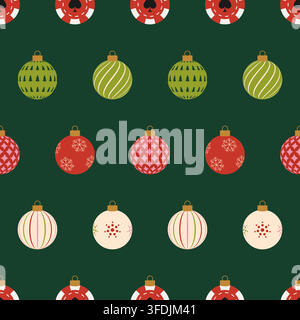 Modern Flat Design Christmas Ornaments and Poker Chips Seamless Pattern for Festive Holiday Gaming Backgrounds. Stock Vector