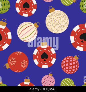 Festive Christmas Ornaments and Poker Chips Seamless Pattern Blending Holiday Cheer with Casino Fun in Modern Flat Vector Style.. Stock Vector