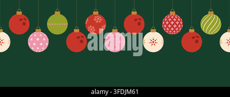 Festive Bowling Ball Christmas Ornaments Hanging as a Seamless Horizontal Holiday Decoration on Green Background, Spreading Cheerful Winter Mood.. Stock Vector